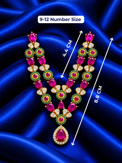 Shop Manikya Ratnamala AD Necklace for Deity with ruby-inspired accents and sparkling AD work. A regal jewellery piece for Laddu Gopal and festive shringar.
