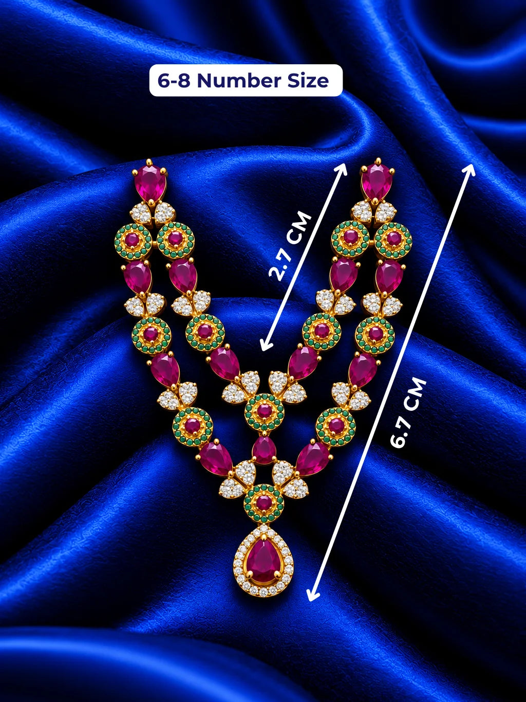 Shop Manikya Ratnamala AD Necklace for Deity with ruby-inspired accents and sparkling AD work. A regal jewellery piece for Laddu Gopal and festive shringar.

