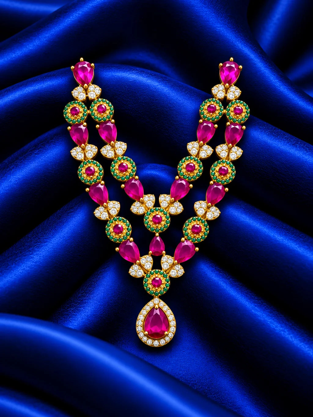 Shop Manikya Ratnamala AD Necklace for Deity with ruby-inspired accents and sparkling AD work. A regal jewellery piece for Laddu Gopal and festive shringar.
