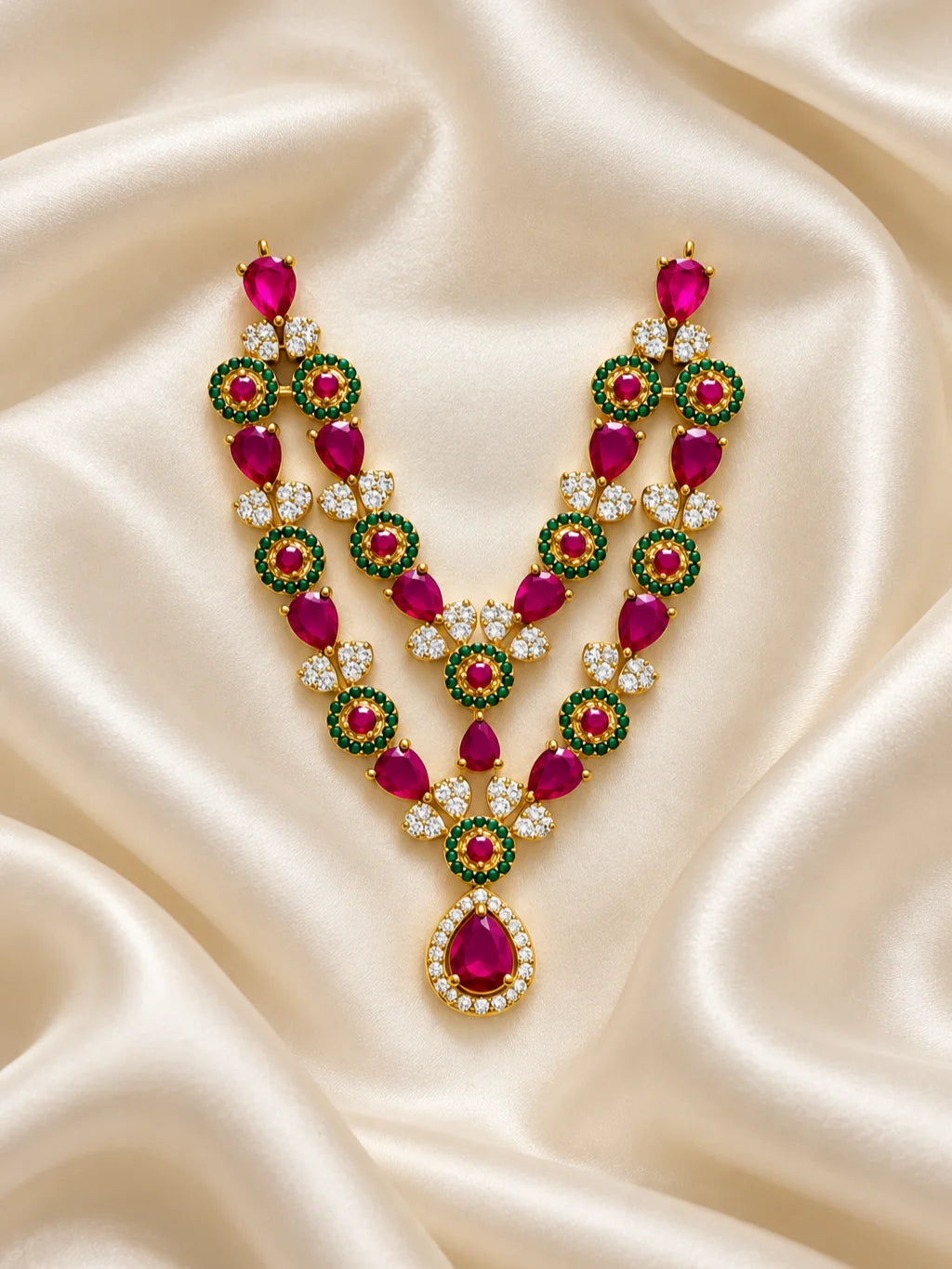 Shop Manikya Ratnamala AD Necklace for Deity with ruby-inspired accents and sparkling AD work. A regal jewellery piece for Laddu Gopal and festive shringar.

