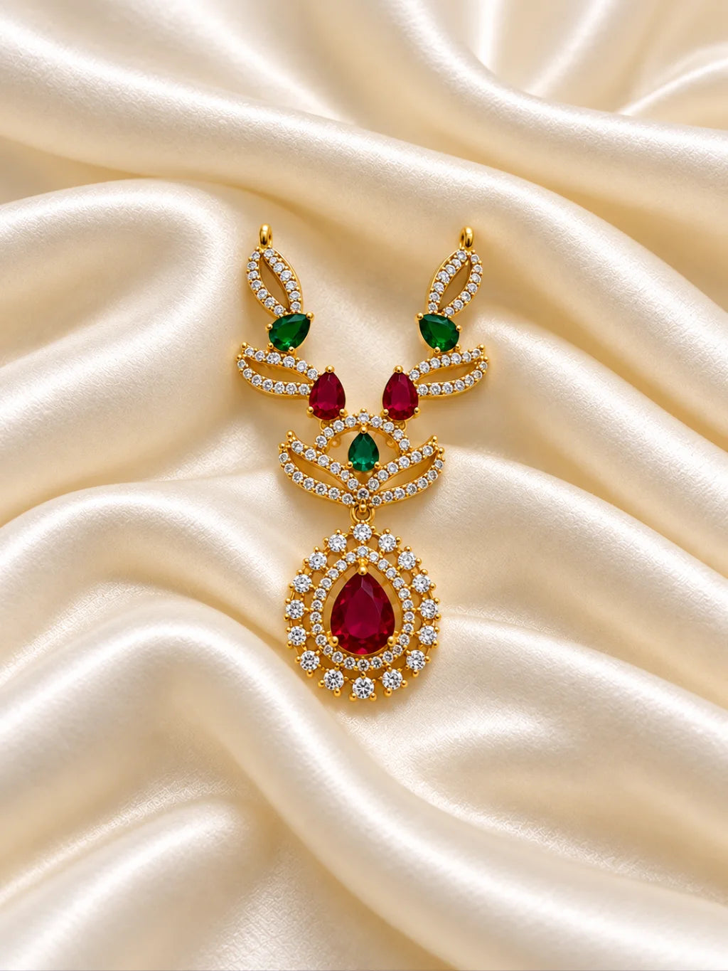 Manikya Tarang AD Necklace for Deity with ruby-inspired accents, flowing wave-style design and sparkling American Diamond detailing
