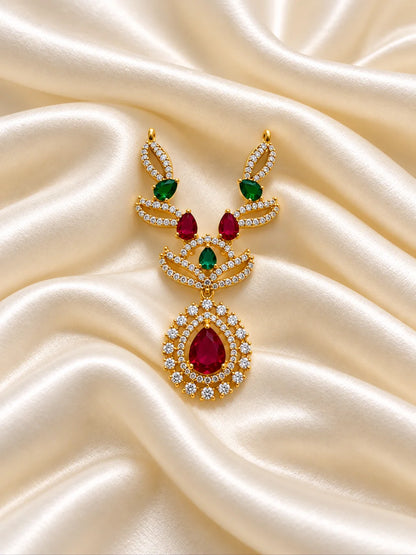 Manikya Tarang AD Necklace for Deity with ruby-inspired accents, flowing wave-style design and sparkling American Diamond detailing
