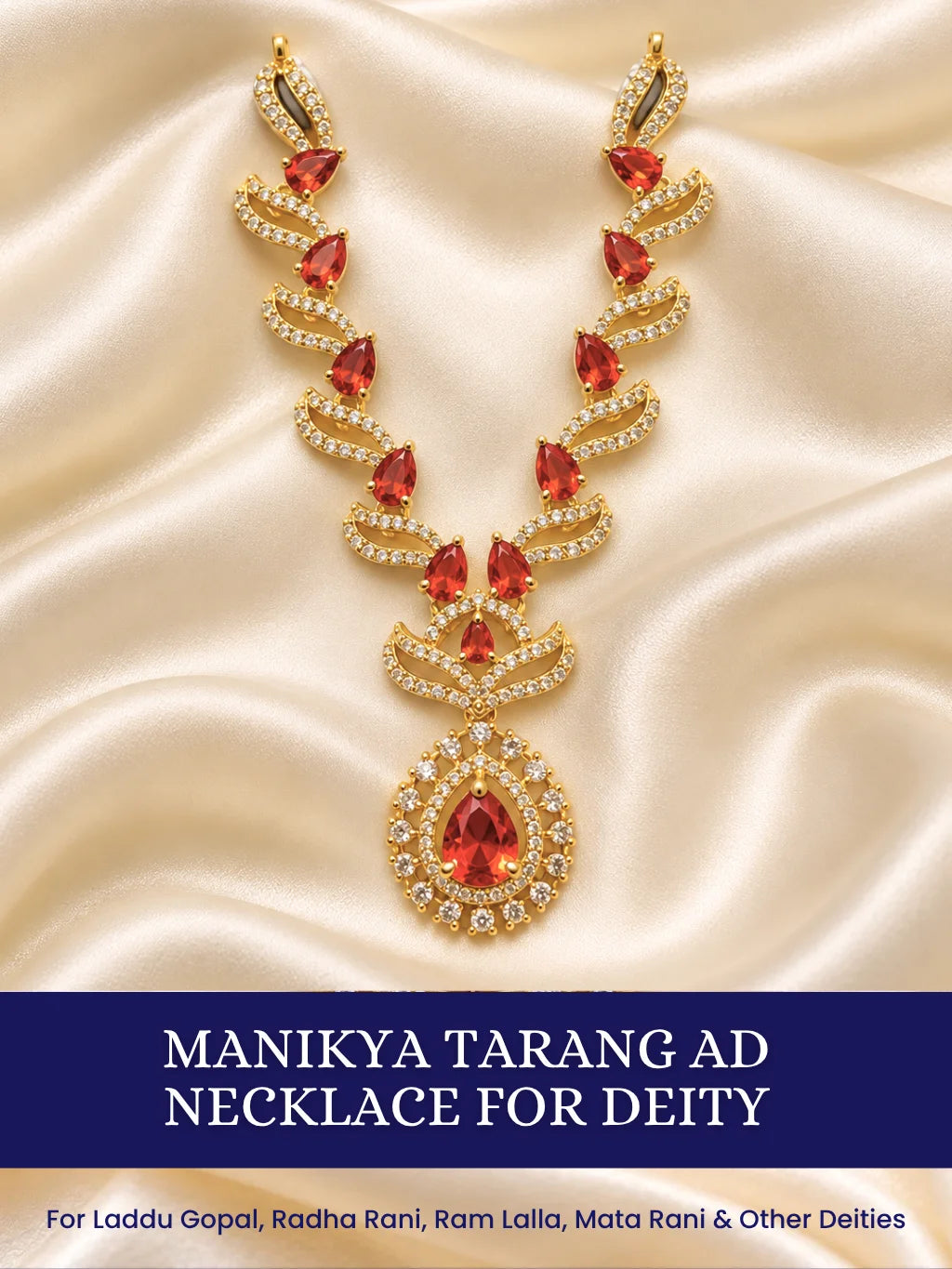 Manikya Tarang AD Necklace for Deity with ruby-inspired accents, flowing wave-style design and sparkling American Diamond detailing
