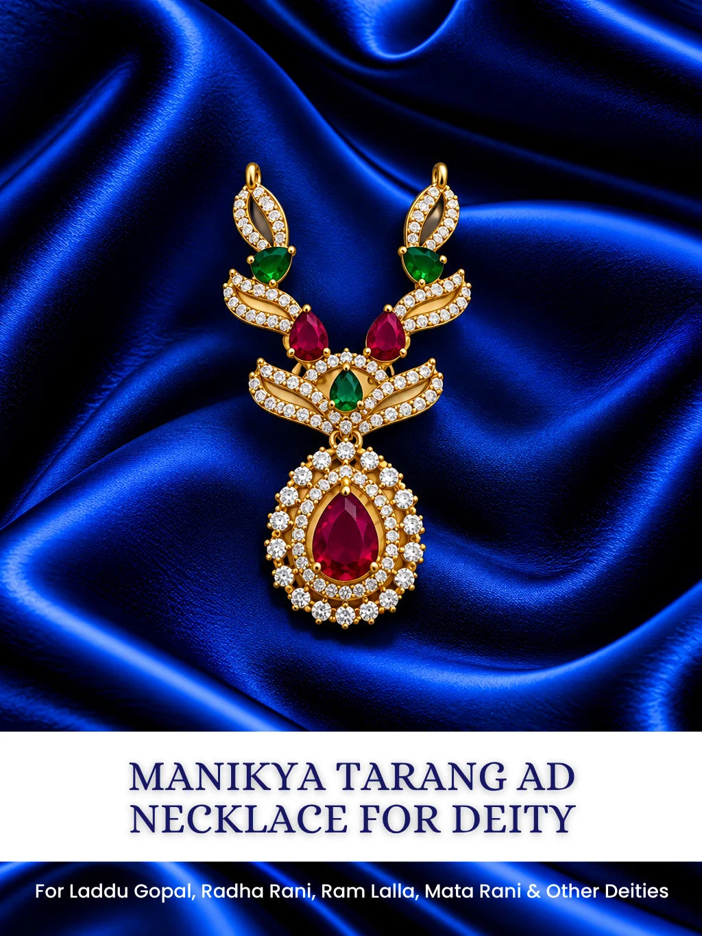 Manikya Tarang AD Necklace for Deity with ruby-inspired accents, flowing wave-style design and sparkling American Diamond detailing
