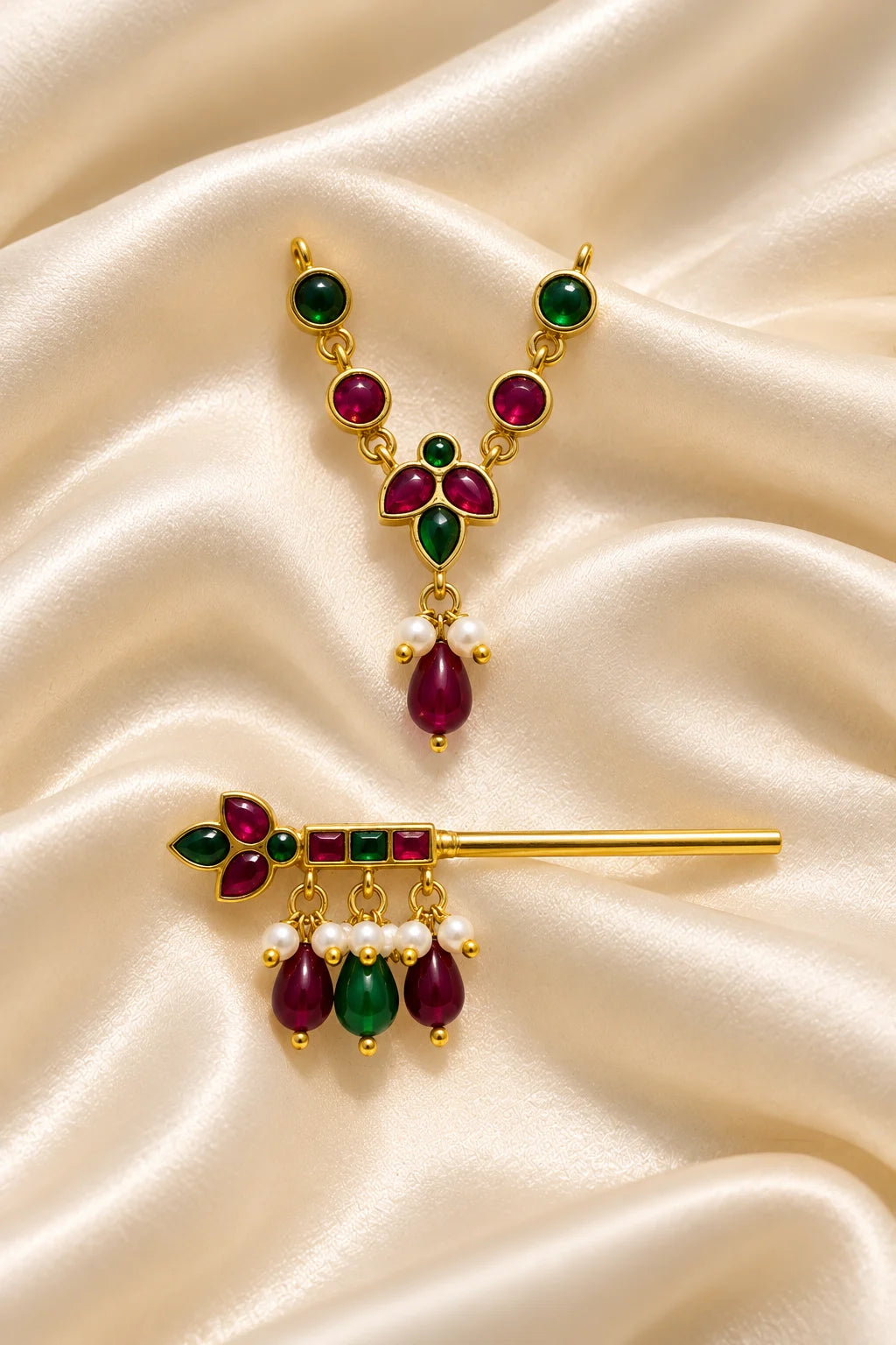 Manikya Panna Madhuri Necklace and Bansuri Set for Deity featuring ruby-red and emerald-green inspired jewellery styling with a matching decorative Krishna flute for Laddu Gopal shringar.
