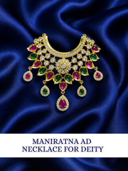 Maniratna AD Necklace for deity with brilliant American Diamond stones and intricate handcrafted detailing