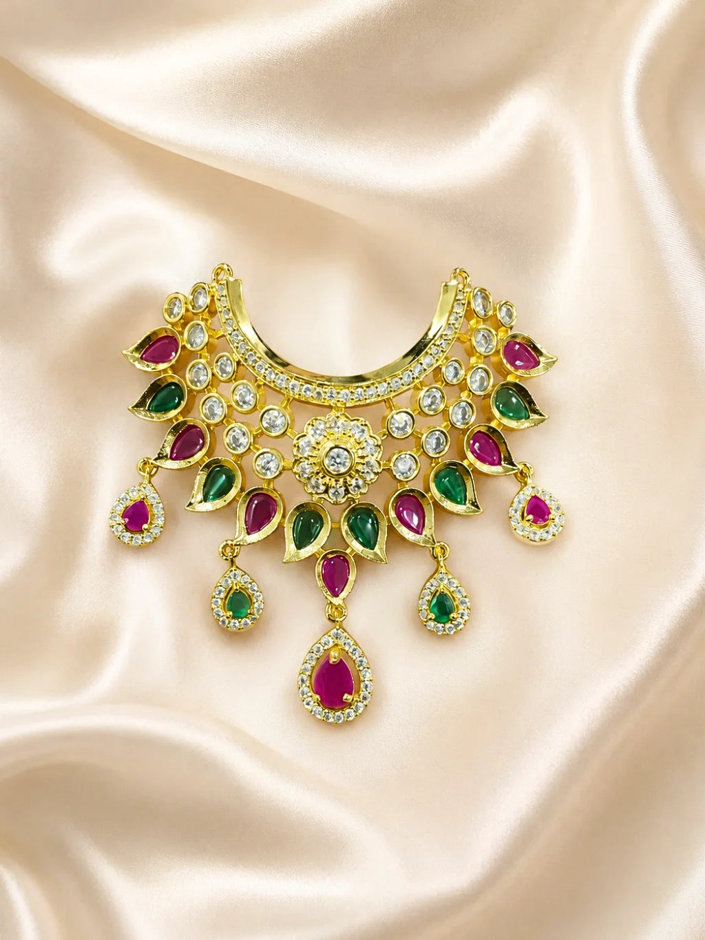 Maniratna AD Necklace for deity with brilliant American Diamond stones and intricate handcrafted detailing