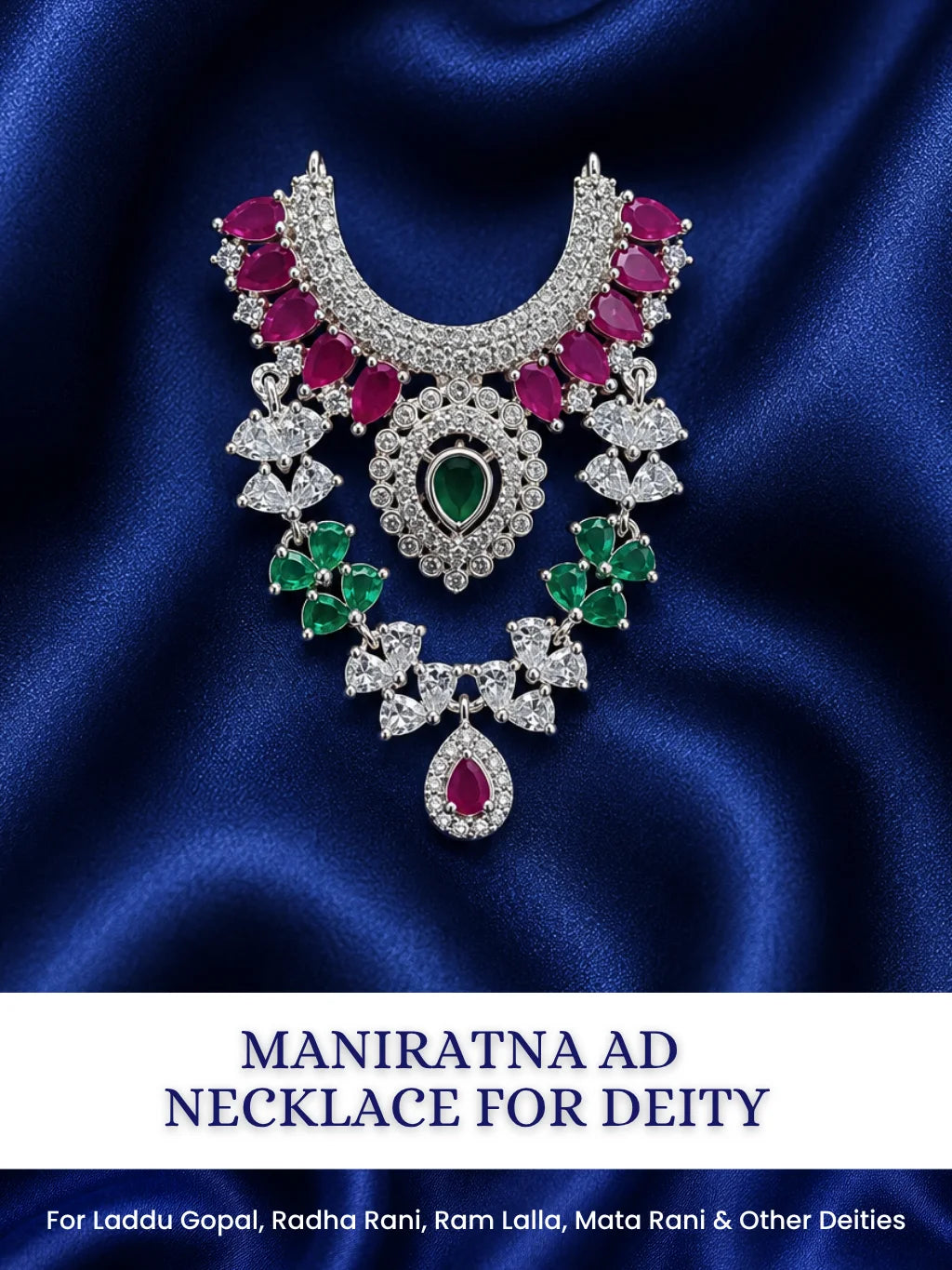 Maniratna AD Necklace for deity with sparkling American Diamond stones and royal gem-inspired detailing