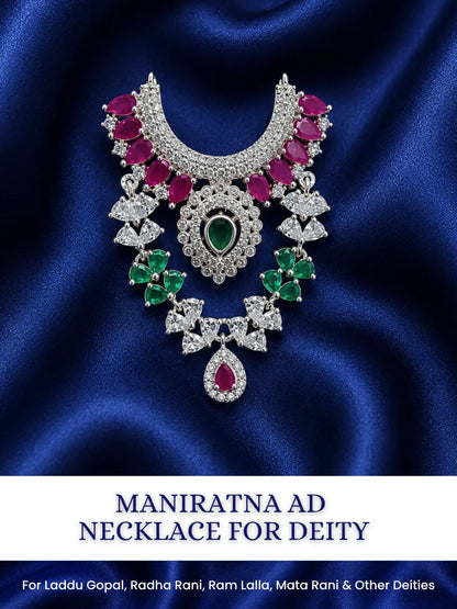 Maniratna AD Necklace for deity with sparkling American Diamond stones and royal gem-inspired detailing