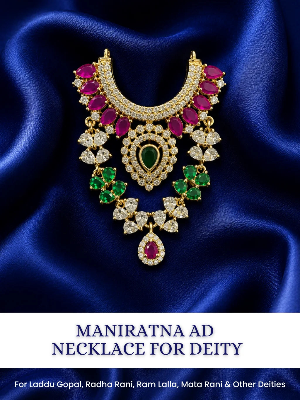 Maniratna AD Necklace for deity with sparkling American Diamond stones and royal gem-inspired detailing