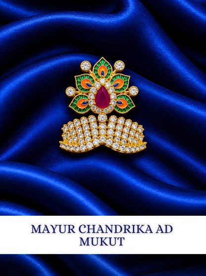 Mayur Chandrika AD Mukut for Deity with elegant peacock-inspired artistry and sparkling AD work. A royal crown for Laddu Gopal and Krishna Ji shringar.