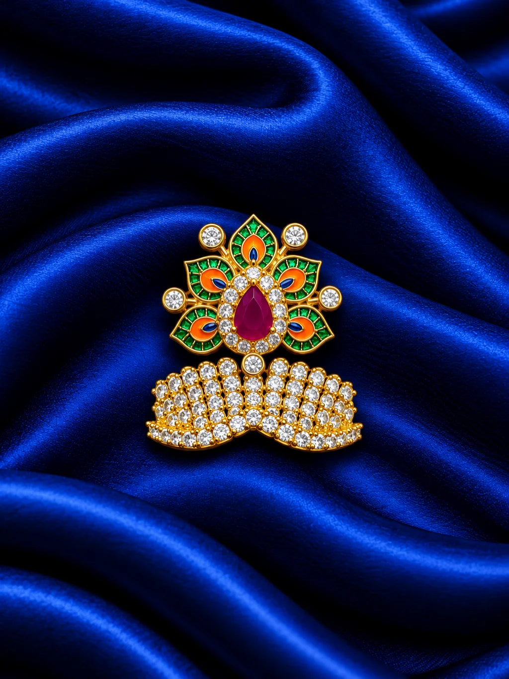 Mayur Chandrika AD Mukut for Deity with elegant peacock-inspired artistry and sparkling AD work. A royal crown for Laddu Gopal and Krishna Ji shringar.