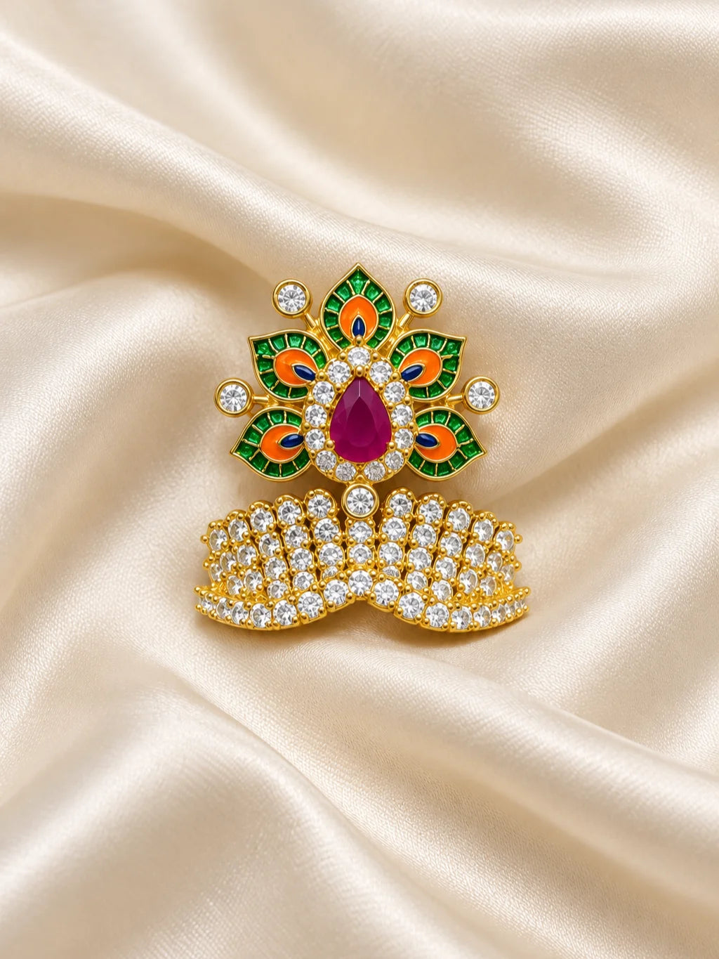 Mayur Chandrika AD Mukut for Deity with elegant peacock-inspired artistry and sparkling AD work. A royal crown for Laddu Gopal and Krishna Ji shringar.