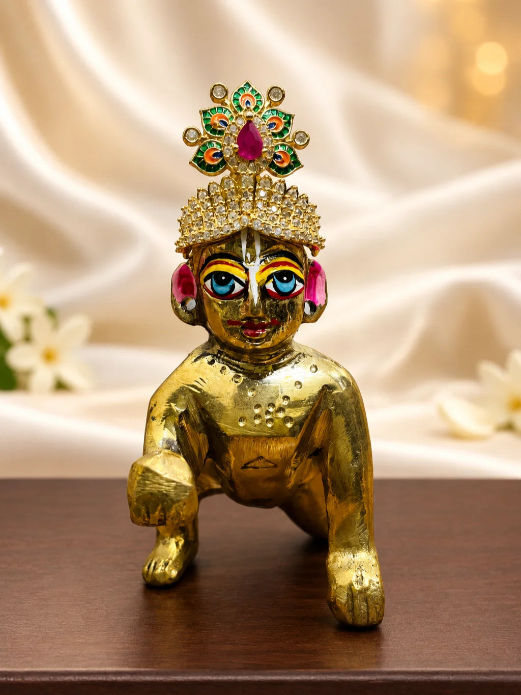 Mayur Chandrika AD Mukut for Deity with elegant peacock-inspired artistry and sparkling AD work. A royal crown for Laddu Gopal and Krishna Ji shringar.