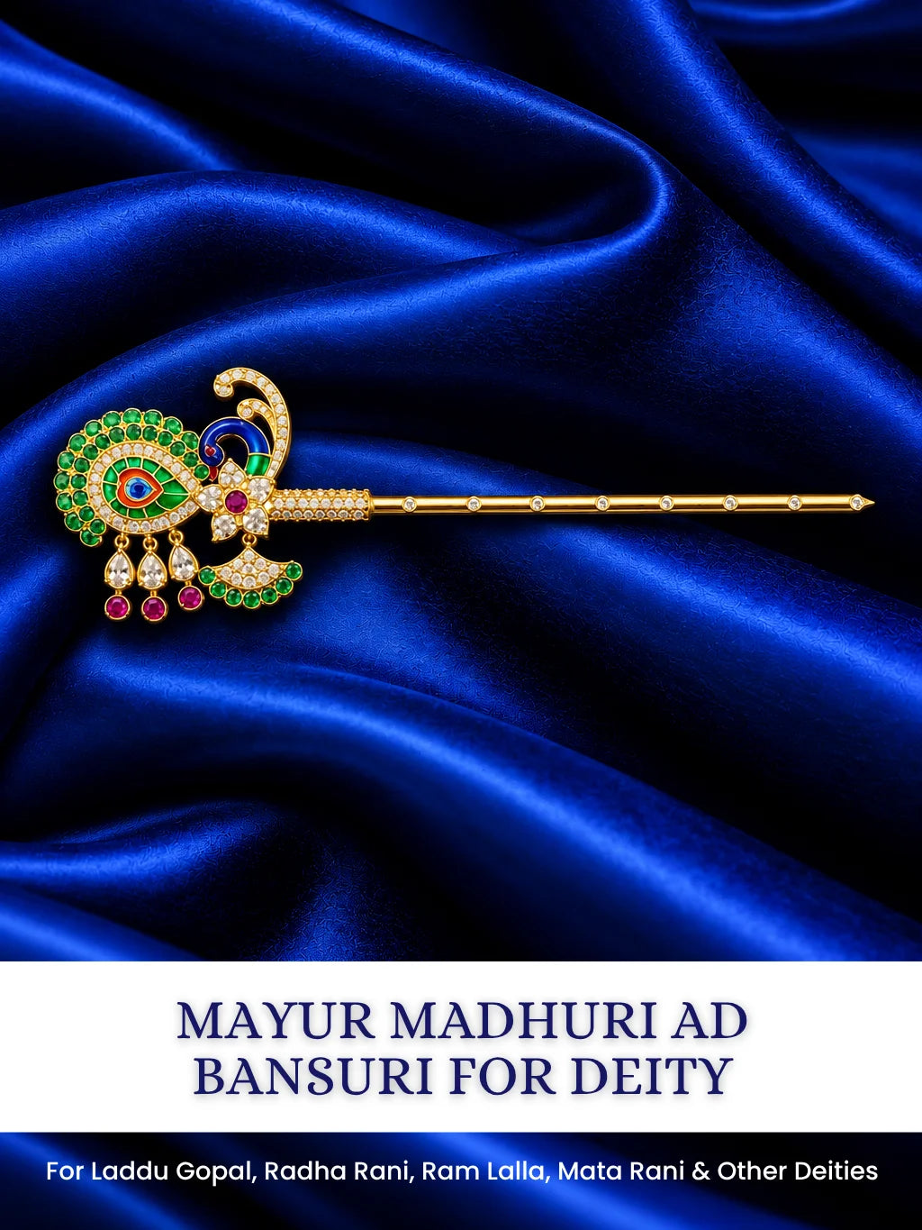Shop Mayur Mohini AD Bansuri for Deity with graceful peacock-inspired detailing and sparkling AD work. An elegant flute for Laddu Gopal and Krishna Ji shringar.
