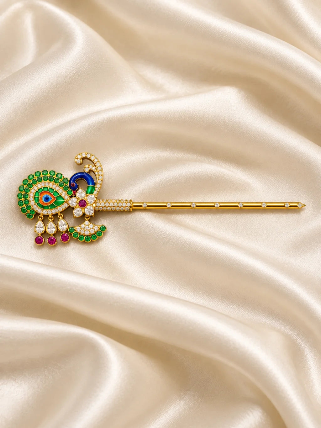 Shop Mayur Mohini AD Bansuri for Deity with graceful peacock-inspired detailing and sparkling AD work. An elegant flute for Laddu Gopal and Krishna Ji shringar.

