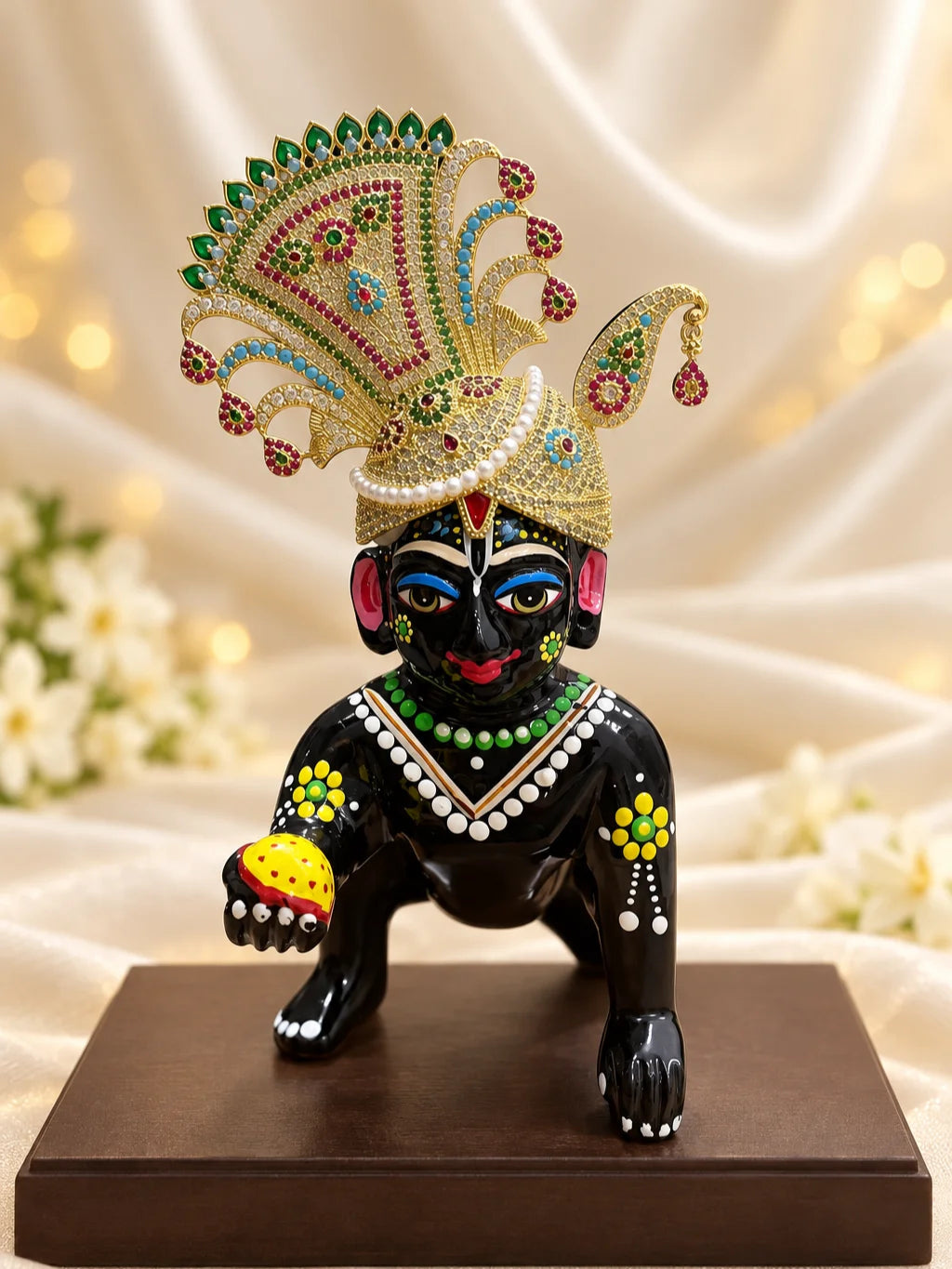 Mayur Maharaj AD Mukut for Deity with majestic peacock-inspired detailing and sparkling AD work. A royal crown for Laddu Gopal and Krishna Ji shringar.