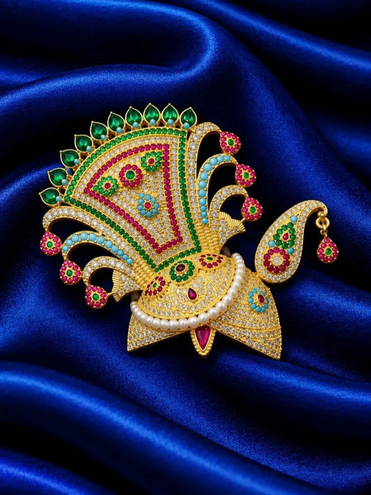 Mayur Maharaj AD Mukut for Deity with majestic peacock-inspired detailing and sparkling AD work. A royal crown for Laddu Gopal and Krishna Ji shringar.