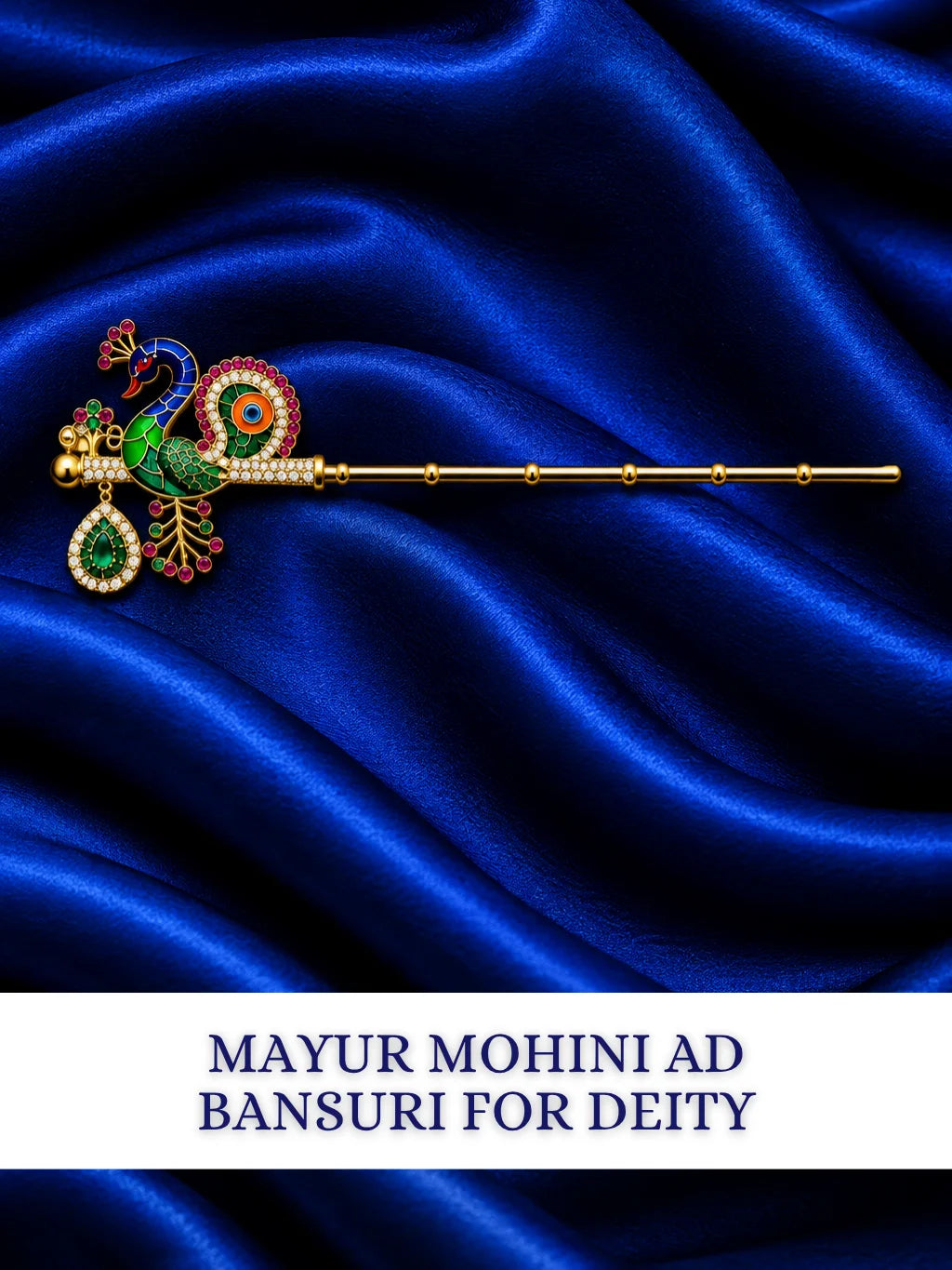  Mayur Mohini AD Bansuri for Deity with graceful peacock-inspired detailing and sparkling AD work. An elegant flute for Laddu Gopal and Krishna Ji shringar.
