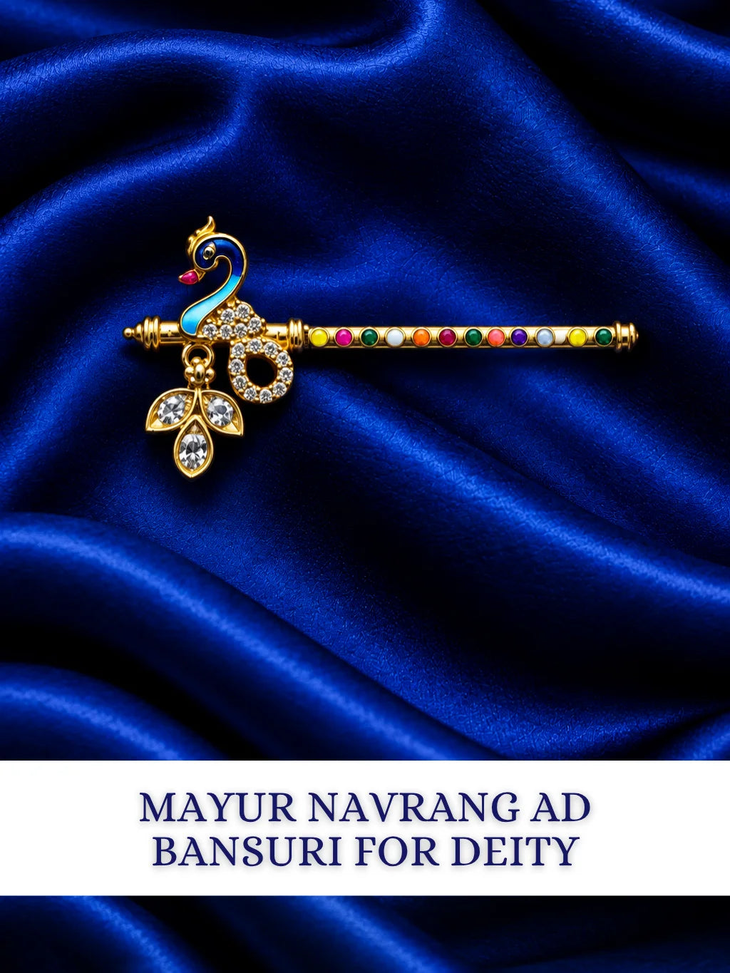 Mayur Navrang AD Bansuri for Deity with peacock-inspired styling, multicolor accents and sparkling AD work for Laddu Gopal and Krishna Ji shringar.

