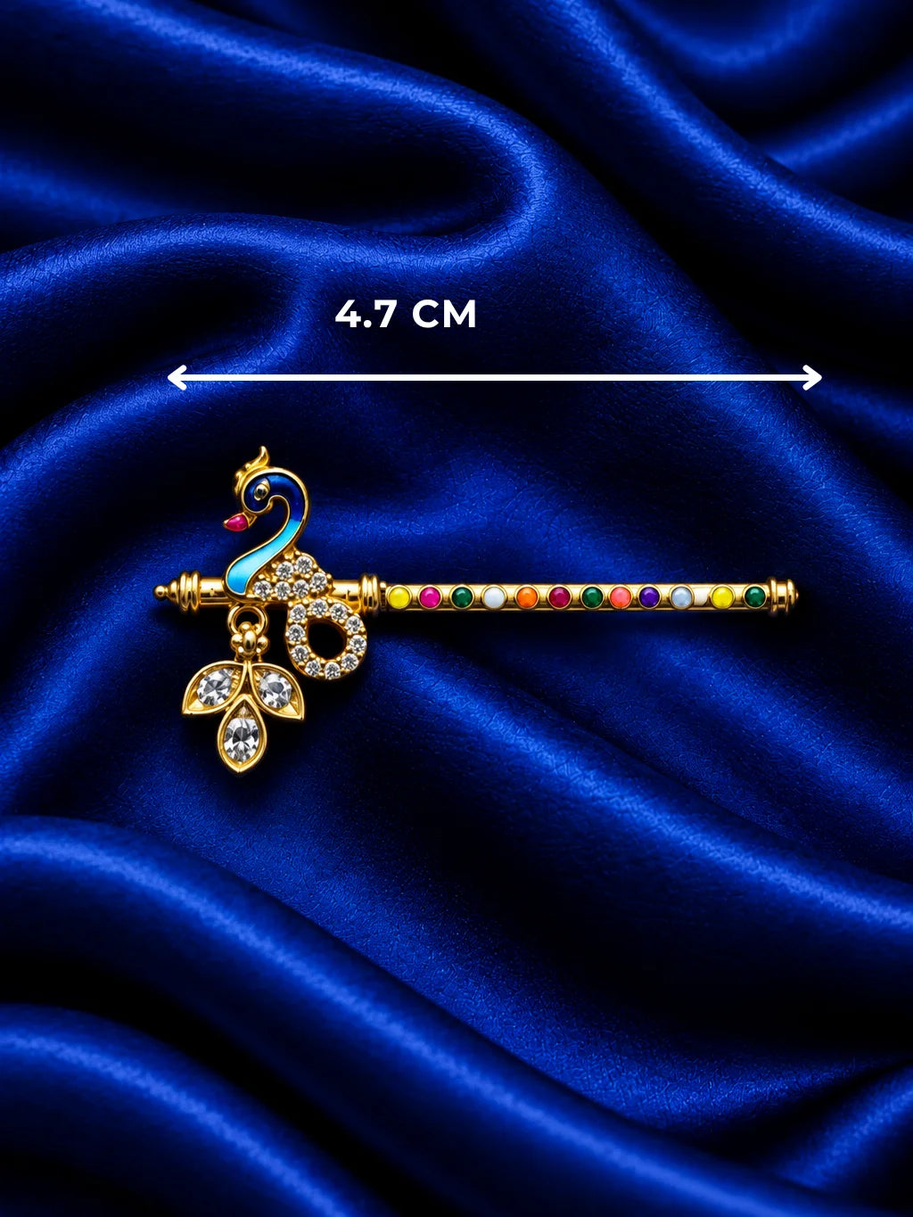 Mayur Navrang AD Bansuri for Deity with peacock-inspired styling, multicolor accents and sparkling AD work for Laddu Gopal and Krishna Ji shringar.
