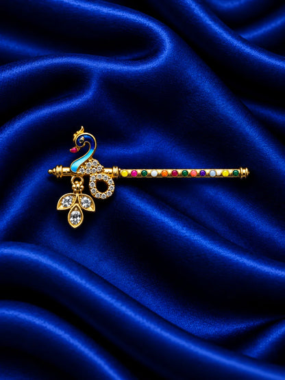 Mayur Navrang AD Bansuri for Deity with peacock-inspired styling, multicolor accents and sparkling AD work for Laddu Gopal and Krishna Ji shringar.
