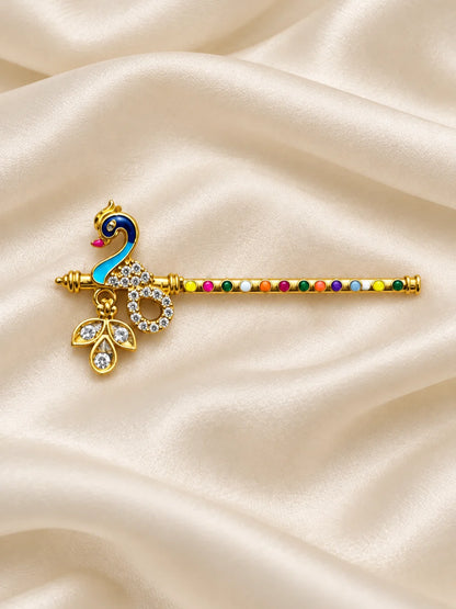 Mayur Navrang AD Bansuri for Deity with peacock-inspired styling, multicolor accents and sparkling AD work for Laddu Gopal and Krishna Ji shringar.
