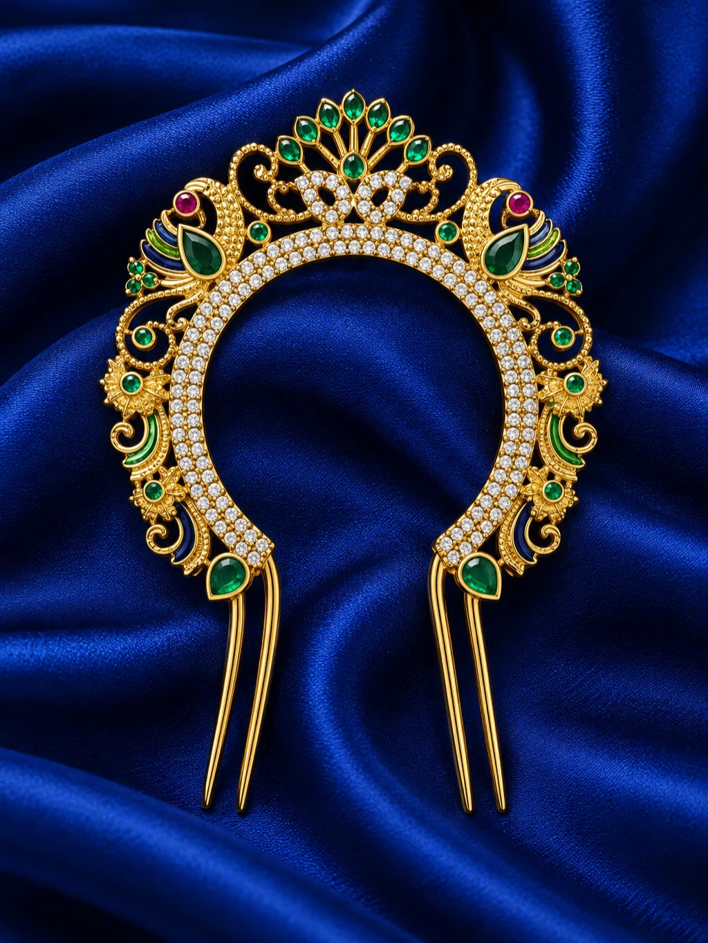 Mayur Panna Darbar AD Chandrika for Deity featuring royal peacock-inspired ornamentation, emerald-green jewel-inspired accents and sparkling American Diamond detailing for traditional deity shringar.
