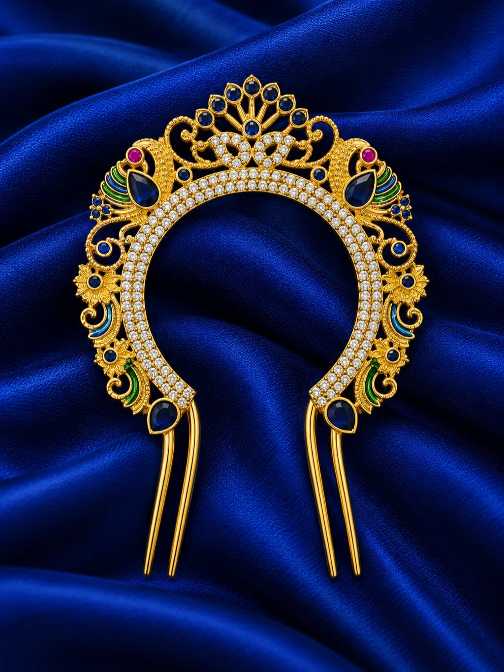 Mayur Panna Darbar AD Chandrika for Deity featuring royal peacock-inspired ornamentation, emerald-green jewel-inspired accents and sparkling American Diamond detailing for traditional deity shringar.
