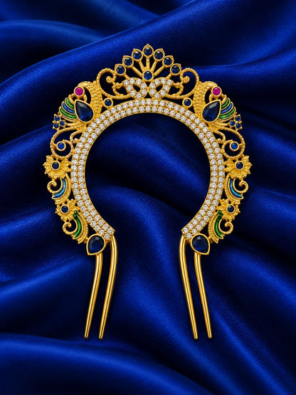Mayur Panna Darbar AD Chandrika for Deity featuring royal peacock-inspired ornamentation, emerald-green jewel-inspired accents and sparkling American Diamond detailing for traditional deity shringar.
