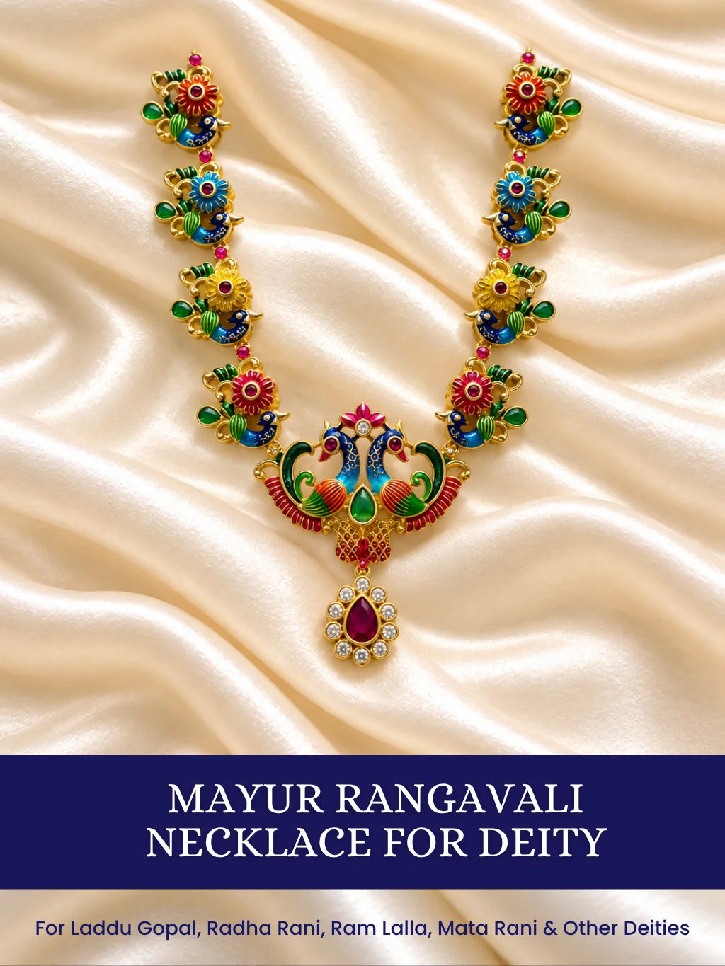 Mayur Rangavali Necklace for Deity featuring peacock-inspired ornamental styling and vibrant multicolor jewellery design for Laddu Gopal and Krishna Ji shringar
