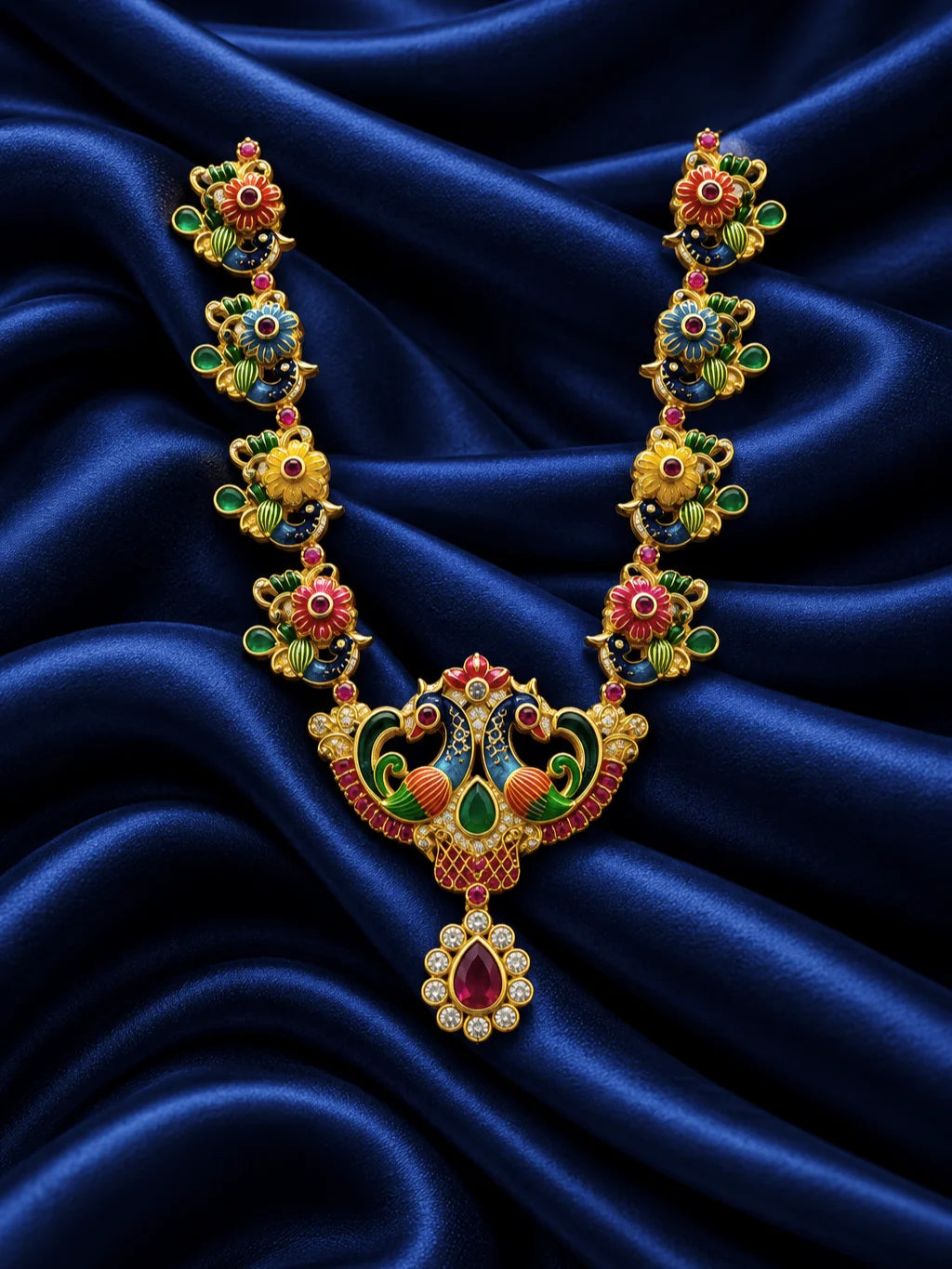 Mayur Rangavali Necklace for Deity featuring peacock-inspired ornamental styling and vibrant multicolor jewellery design for Laddu Gopal and Krishna Ji shringar
