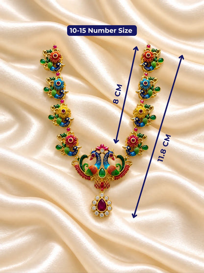 Mayur Rangavali Necklace for Deity featuring peacock-inspired ornamental styling and vibrant multicolor jewellery design for Laddu Gopal and Krishna Ji shringar
