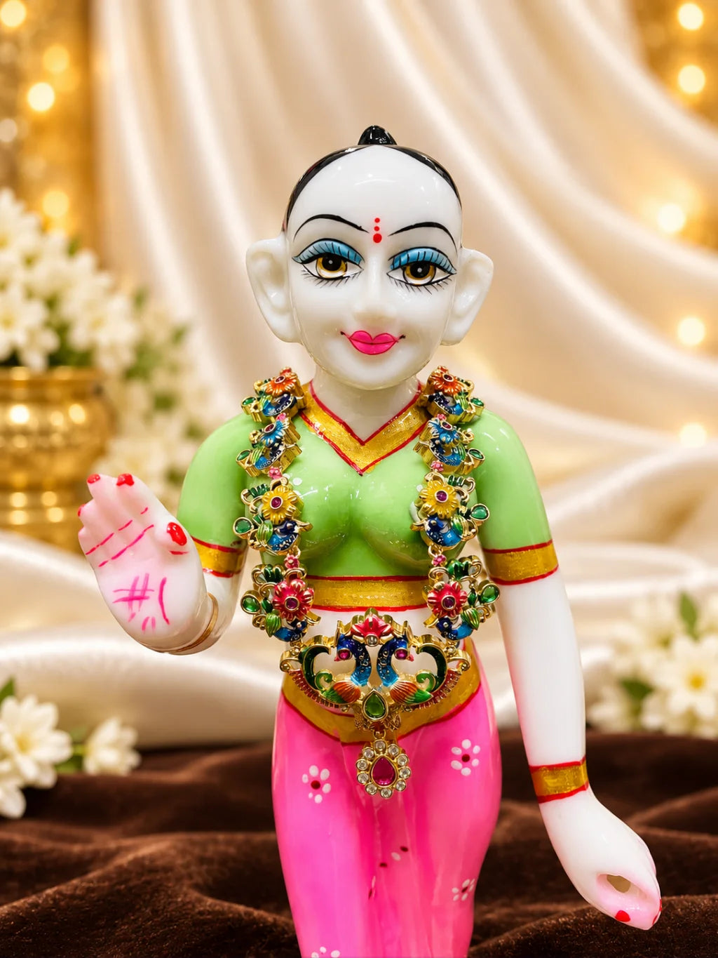 Mayur Rangavali Necklace for Deity featuring peacock-inspired ornamental styling and vibrant multicolor jewellery design for Laddu Gopal and Krishna Ji shringar

