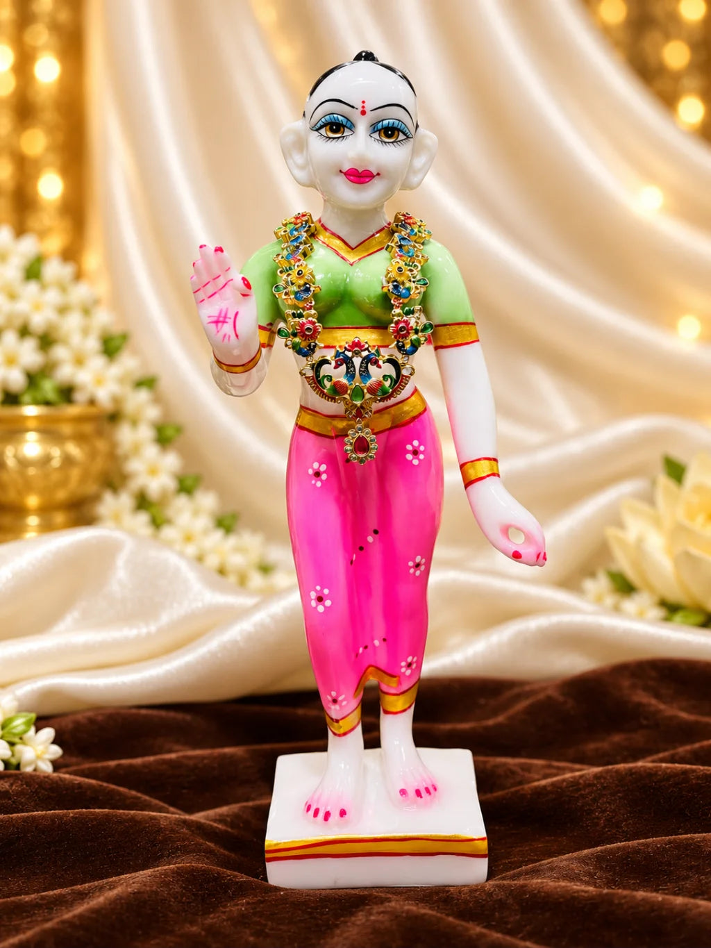 Mayur Rangavali Necklace for Deity featuring peacock-inspired ornamental styling and vibrant multicolor jewellery design for Laddu Gopal and Krishna Ji shringar
