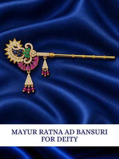 Mayur Ratna AD Bansuri for Deity with peacock-inspired detailing and sparkling AD work. A beautiful flute for Laddu Gopal and Krishna Ji shringar.
