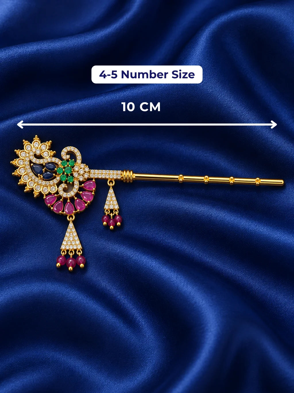 Mayur Ratna AD Bansuri for Deity with peacock-inspired detailing and sparkling AD work. A beautiful flute for Laddu Gopal and Krishna Ji shringar.
