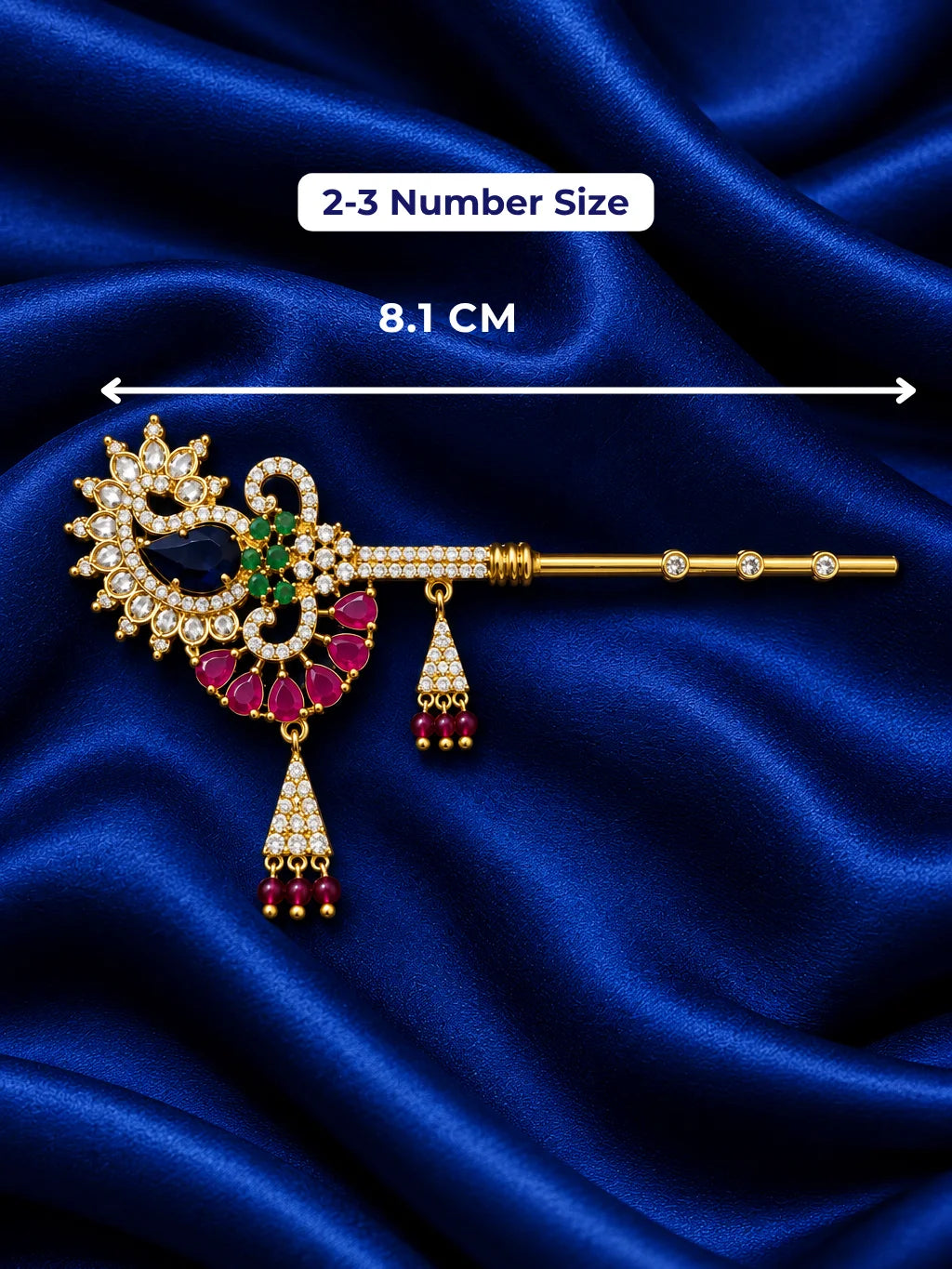 Mayur Ratna AD Bansuri for Deity with peacock-inspired detailing and sparkling AD work. A beautiful flute for Laddu Gopal and Krishna Ji shringar.
