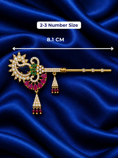 Mayur Ratna AD Bansuri for Deity with peacock-inspired detailing and sparkling AD work. A beautiful flute for Laddu Gopal and Krishna Ji shringar.
