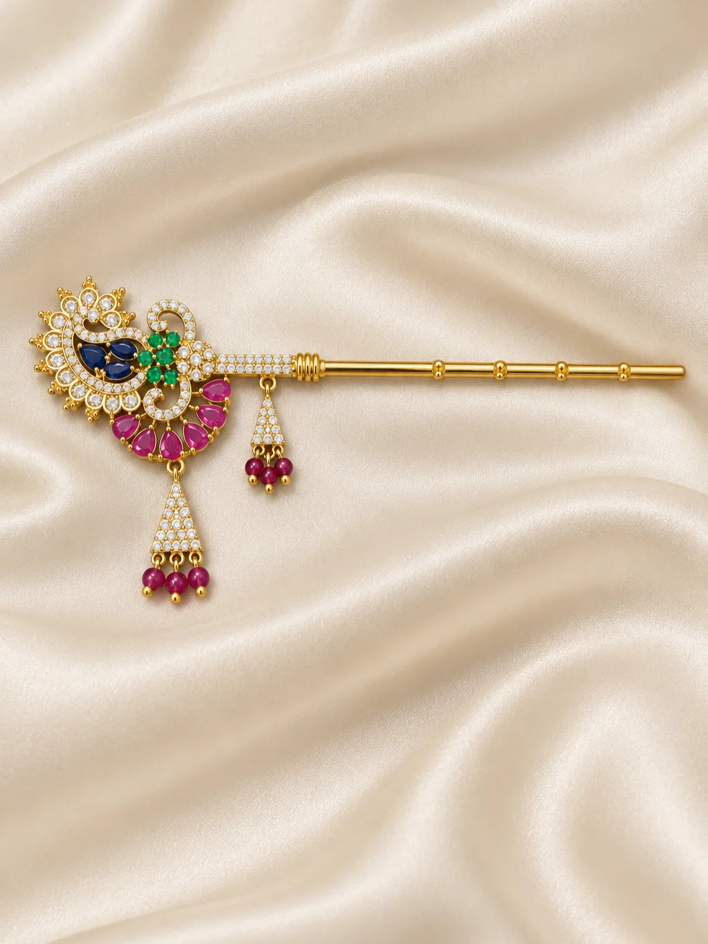 Mayur Ratna AD Bansuri for Deity with peacock-inspired detailing and sparkling AD work. A beautiful flute for Laddu Gopal and Krishna Ji shringar.
