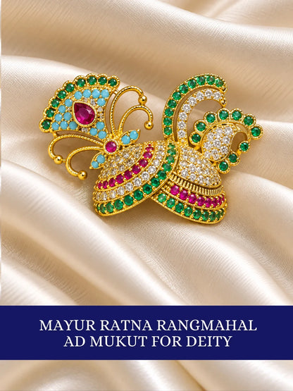 Mayur Ratna Rangmahal AD Mukut for Deity featuring royal peacock-inspired ornamental styling, multicolor jewel-inspired accents and sparkling American Diamond detailing for Laddu Gopal and Krishna Ji shringar.
