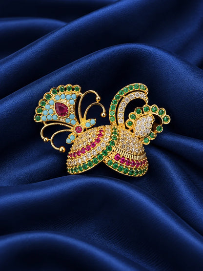 Mayur Ratna Rangmahal AD Mukut for Deity featuring royal peacock-inspired ornamental styling, multicolor jewel-inspired accents and sparkling American Diamond detailing for Laddu Gopal and Krishna Ji shringar.
