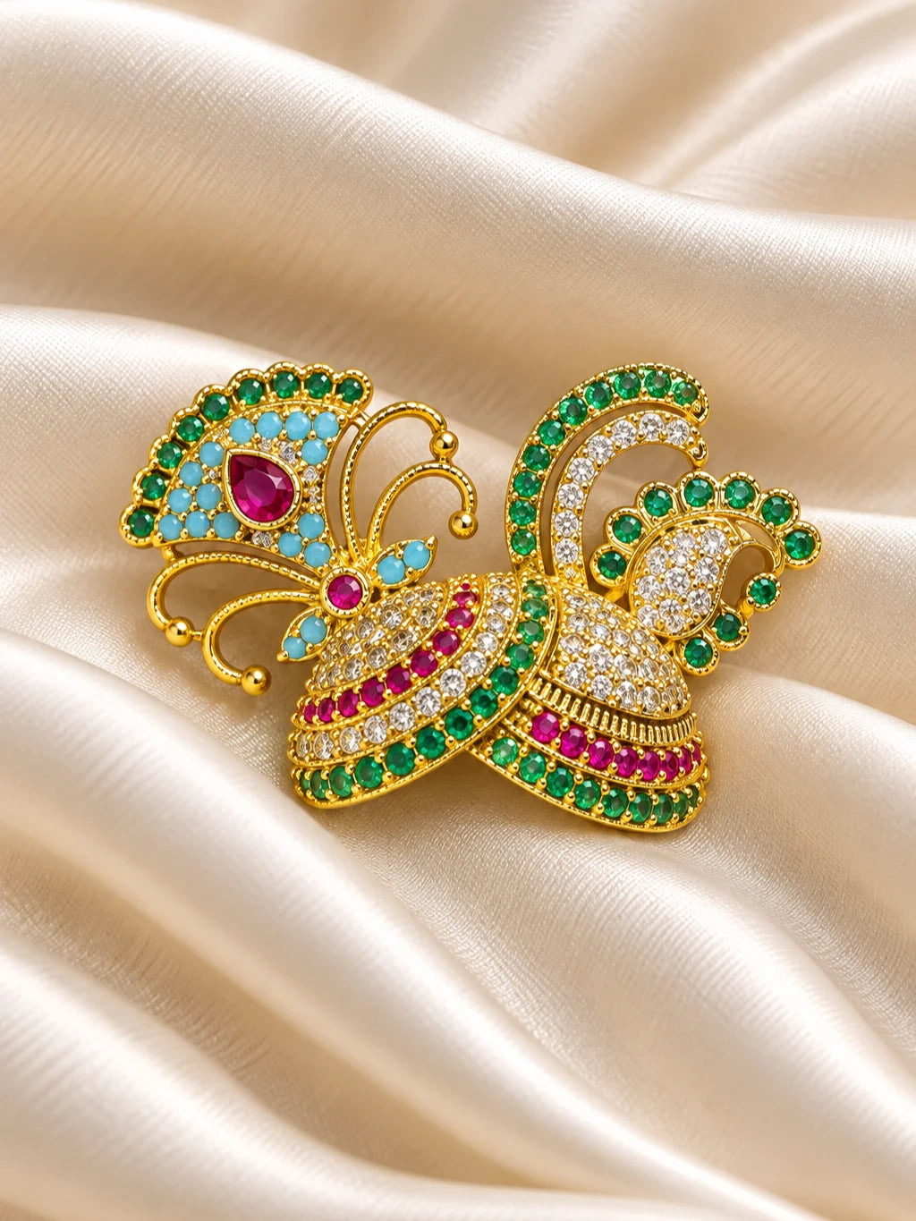 Mayur Ratna Rangmahal AD Mukut for Deity featuring royal peacock-inspired ornamental styling, multicolor jewel-inspired accents and sparkling American Diamond detailing for Laddu Gopal and Krishna Ji shringar.
