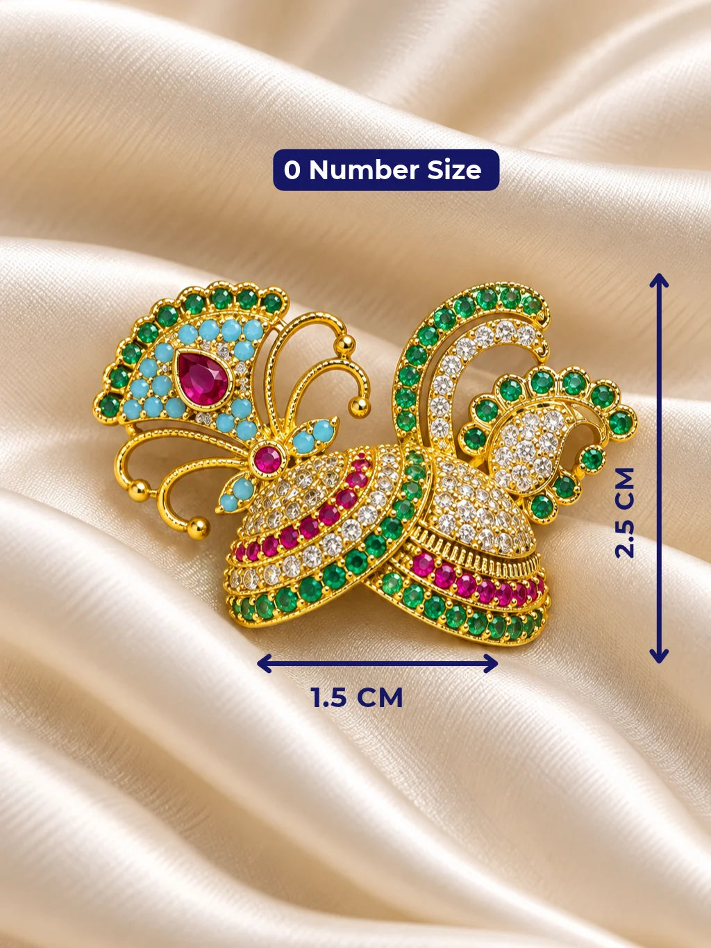 Mayur Ratna Rangmahal AD Mukut for Deity featuring royal peacock-inspired ornamental styling, multicolor jewel-inspired accents and sparkling American Diamond detailing for Laddu Gopal and Krishna Ji shringar.
