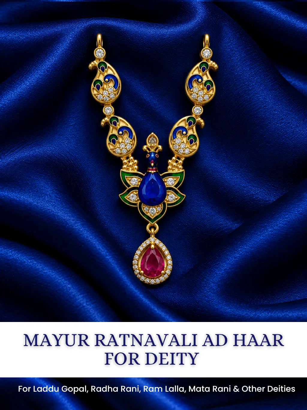 Mayur Ratnavali AD Haar for Deity featuring rich blue stone accents and sparkling AD work. An elegant royal choker for Laddu Gopal and festive shringar.