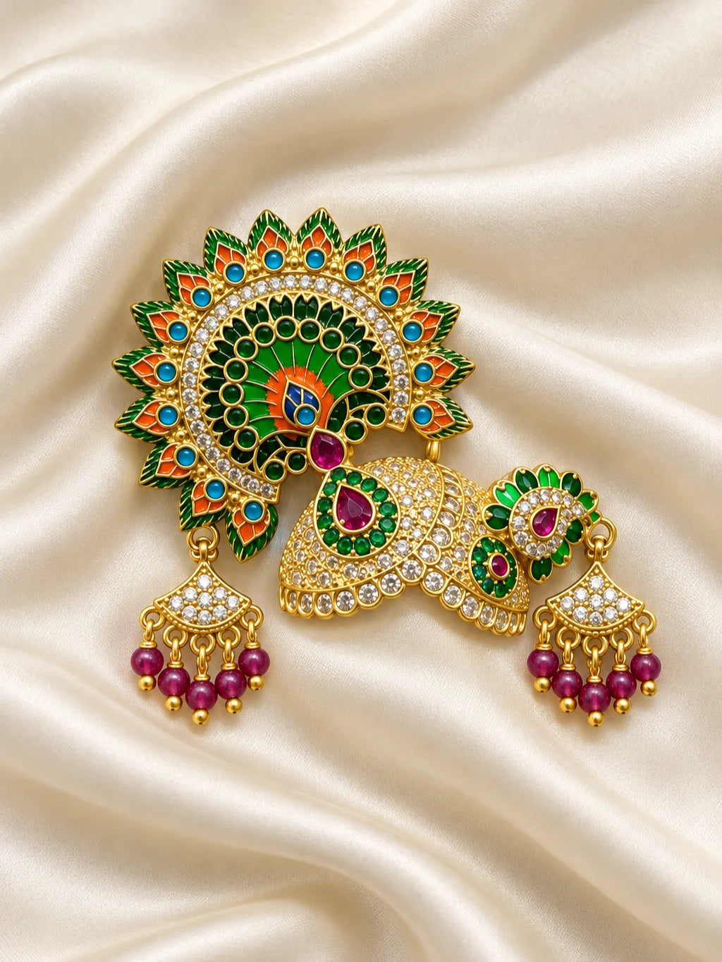 Mayur Chandrika AD Mukut for Deity with elegant peacock-inspired artistry and sparkling AD work. A royal crown for Laddu Gopal and Krishna Ji shringar.