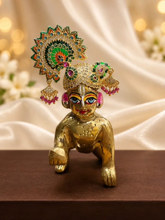 Mayur Chandrika AD Mukut for Deity with elegant peacock-inspired artistry and sparkling AD work. A royal crown for Laddu Gopal and Krishna Ji shringar.