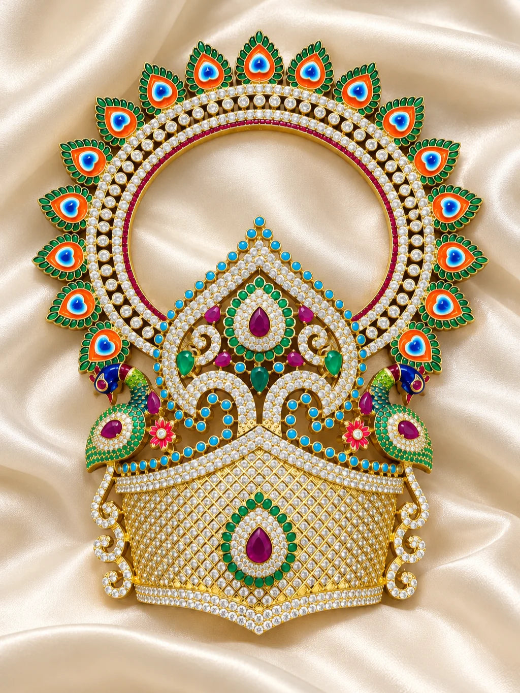 Shop Mayur Darbar AD Mukut for Deity with majestic peacock-inspired detailing and sparkling AD work. A royal crown for Laddu Gopal and Krishna Ji shringar.