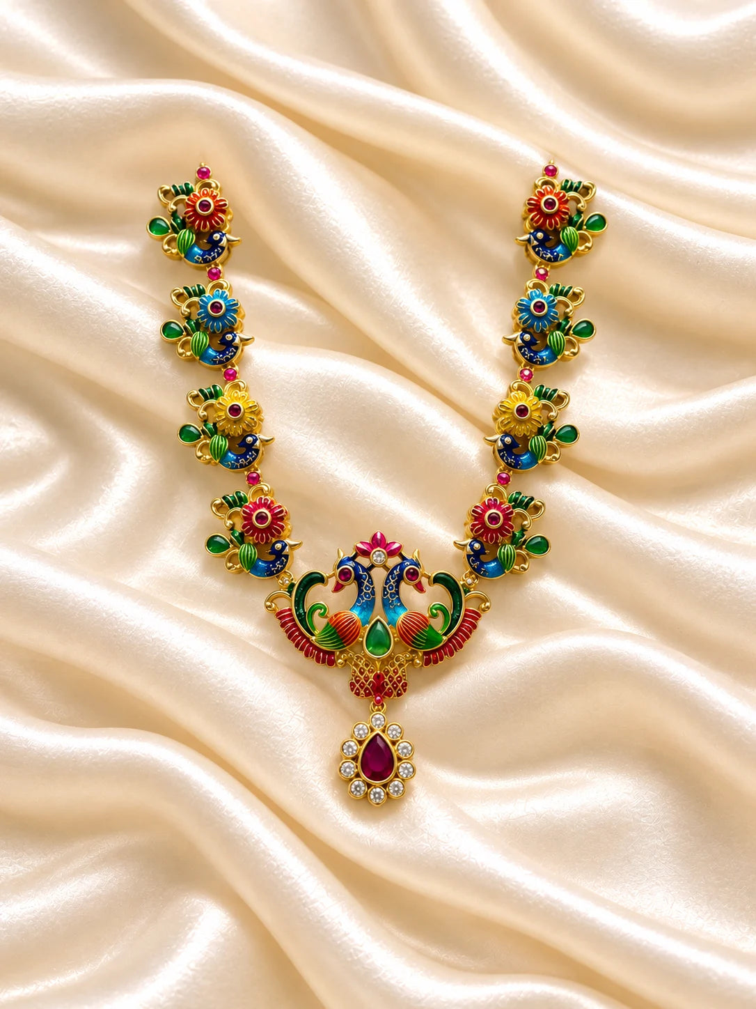 Mayur Rangavali Necklace for Deity featuring peacock-inspired ornamental styling and vibrant multicolor jewellery design for Laddu Gopal and Krishna Ji shringar
