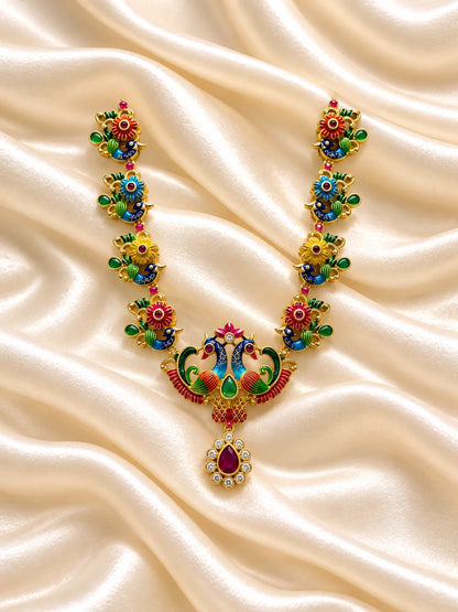 Mayur Rangavali Necklace for Deity featuring peacock-inspired ornamental styling and vibrant multicolor jewellery design for Laddu Gopal and Krishna Ji shringar
